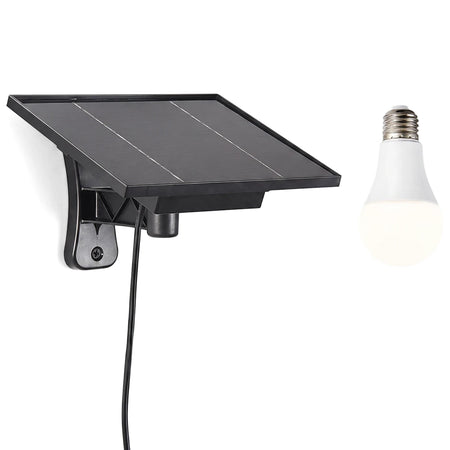 Black 12V solar panel with multiple photovoltaic cells and a white LED light bulb with a standard E26/E27 screw base.