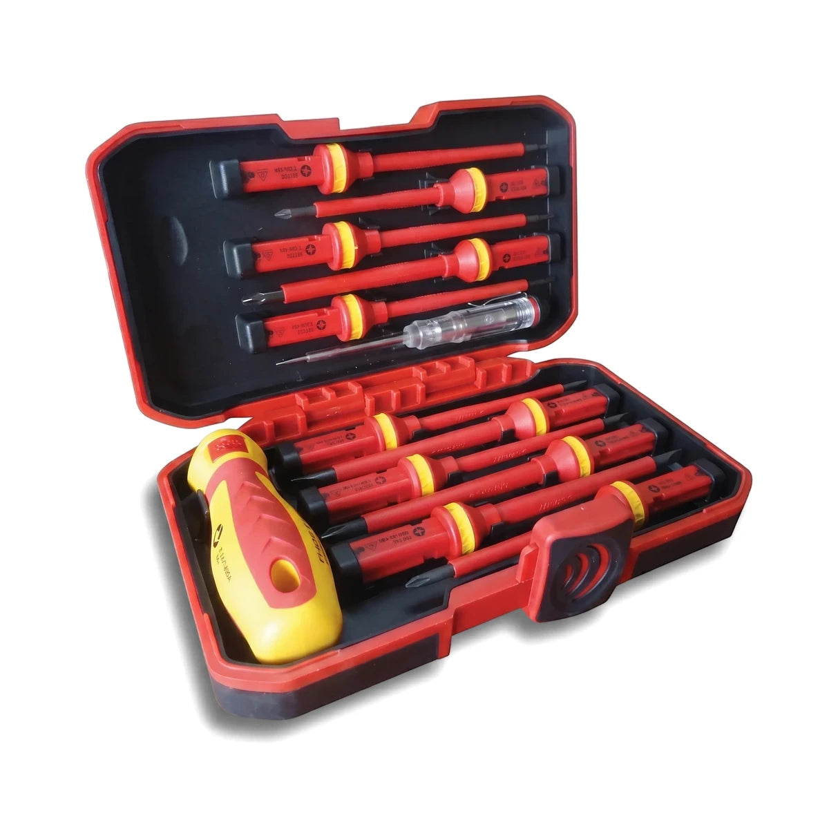 13 Piece Screwdriver Set in red and black protective case, featuring various insulated hand tools and a voltage tester.
