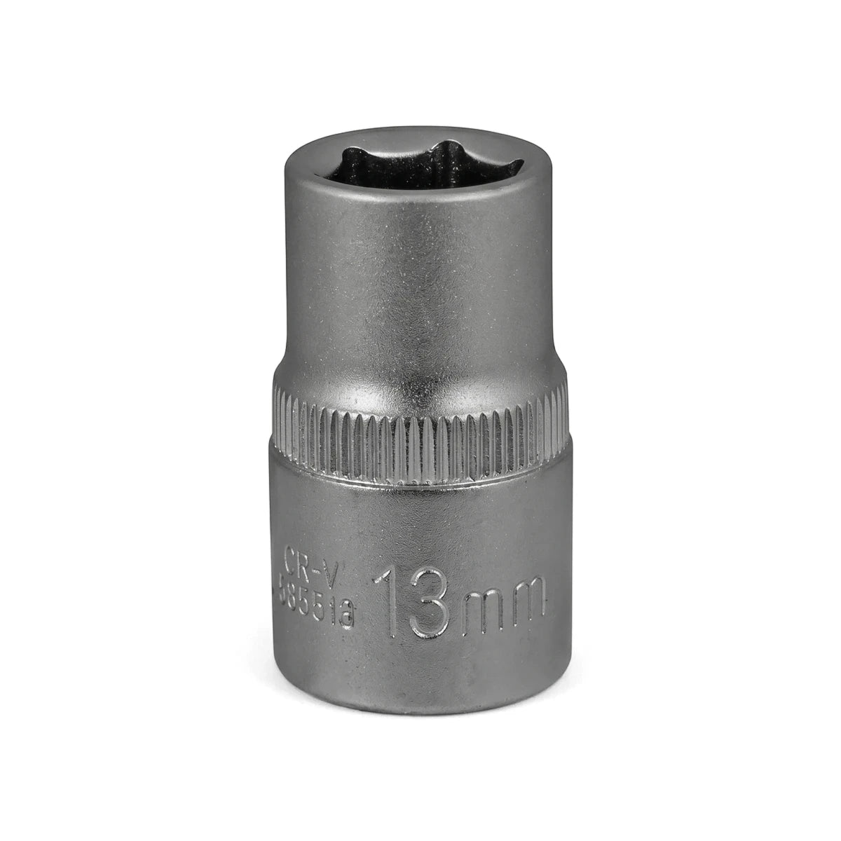 Close-up of a silver 13mm 1/2-inch drive 6-point hex socket tool, made of chrome vanadium steel, standing upright.
