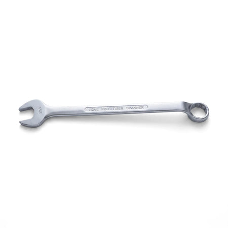 A metallic silver-grey 13mm combination spanner, a durable hand tool with an open end and a ring end.