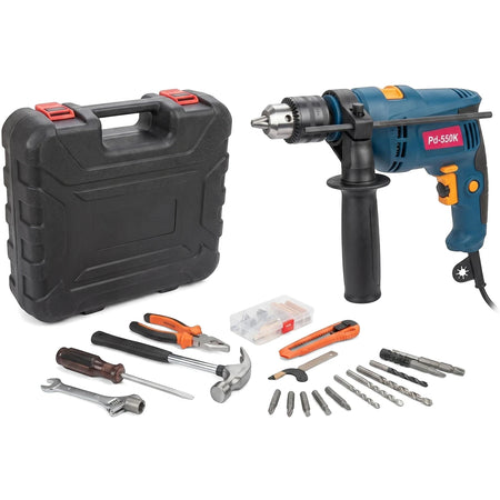 13mm Impact Drill Pd-550K kit with blue drill, black carrying case, and assorted hand tools and drill bits.