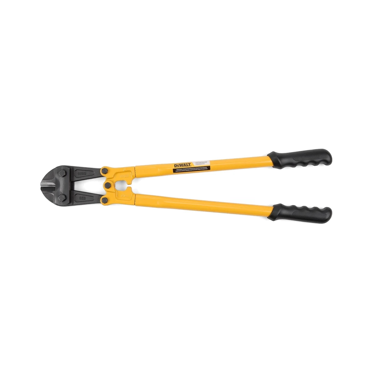 A 14-inch (350mm) bolt cutter with bright yellow handles and black grips is shown horizontally, ready for heavy-duty cutting