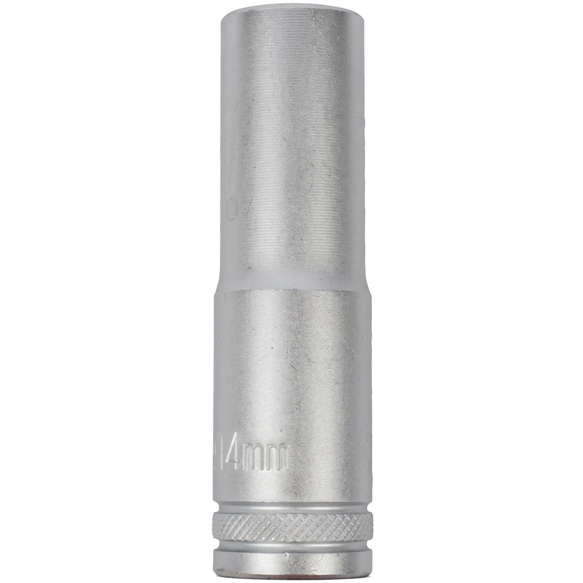 Close-up of a silver 14mm 1/2-inch drive deep socket, a cylindrical metallic tool, shown vertically.