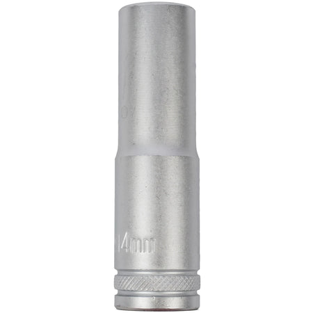 Close-up of a silver 14mm 1/2-inch drive deep socket, a cylindrical metallic tool, shown vertically.