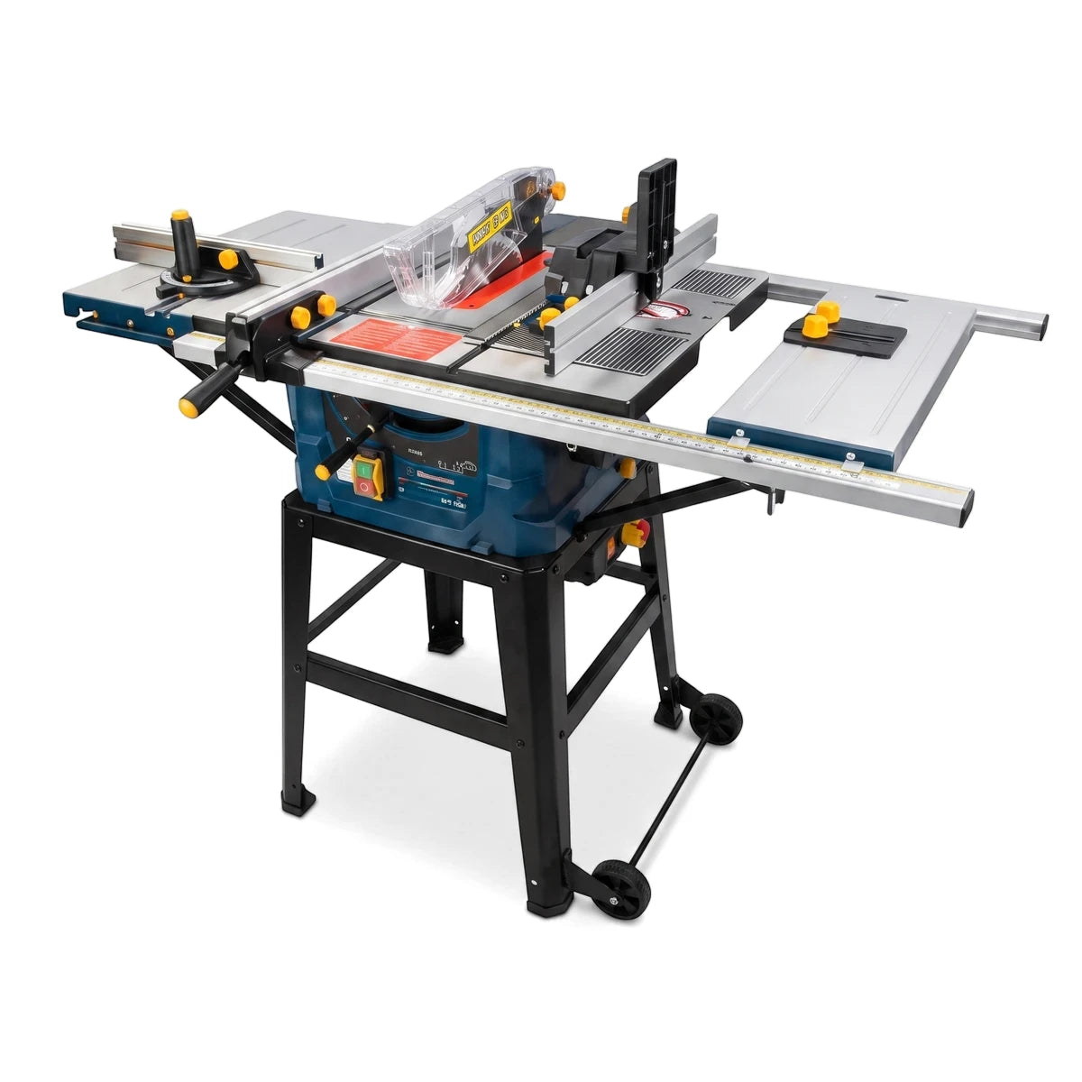 Blue and black 1500W Electric Table Saw - 250mm, shown from an angled perspective on its mobile stand.