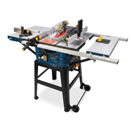 Blue and black 1500W Electric Table Saw - 250mm, shown from an angled perspective on its mobile stand.