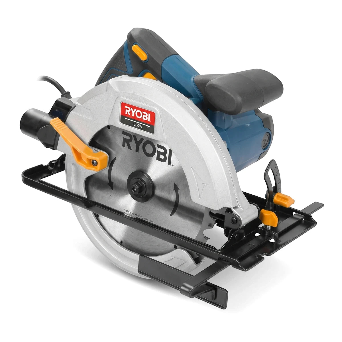 184mm Ryobi 1500W Circular Saw with Laser Guide, featuring a grey blade guard, blue motor, and yellow accents.