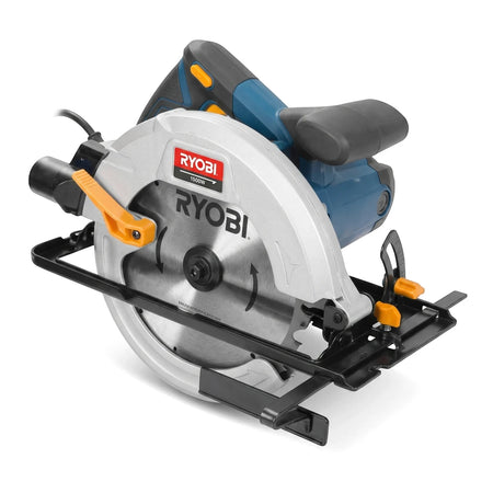 184mm Ryobi 1500W Circular Saw with Laser Guide, featuring a grey blade guard, blue motor, and yellow accents.