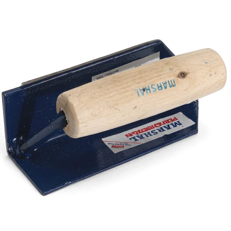 150mm Sharp Outside Corner Trowel with a blue metal blade and natural wood handle, ideal for masonry work.