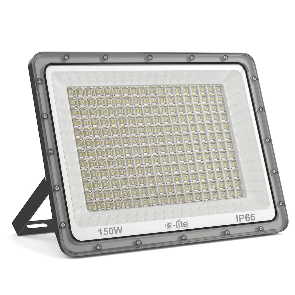 150W grey LED flood light, cool white with IP66 rating, featuring a sturdy kickstand for outdoor illumination.