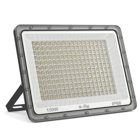 150W grey LED flood light, cool white with IP66 rating, featuring a sturdy kickstand for outdoor illumination.