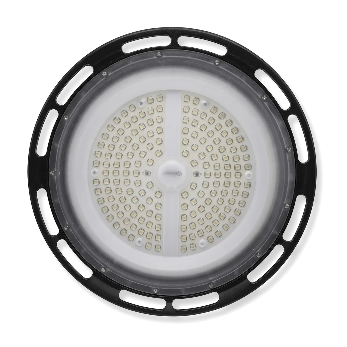 150W LED UFO high bay light with a circular black housing and a white face featuring numerous LEDs.