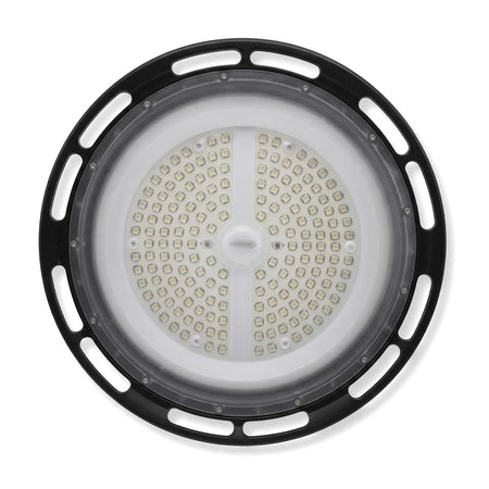 150W LED UFO high bay light with a circular black housing and a white face featuring numerous LEDs.
