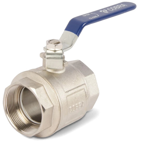 15mm Ball-O-Stop long lever ball valve in silver metal with a blue handle, shown from an angled perspective.