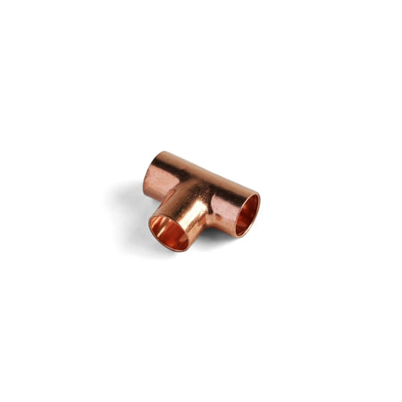 15mm copper equal tee plumbing fitting, shown from an angled view on a white background, highlighting its T-shape and shiny