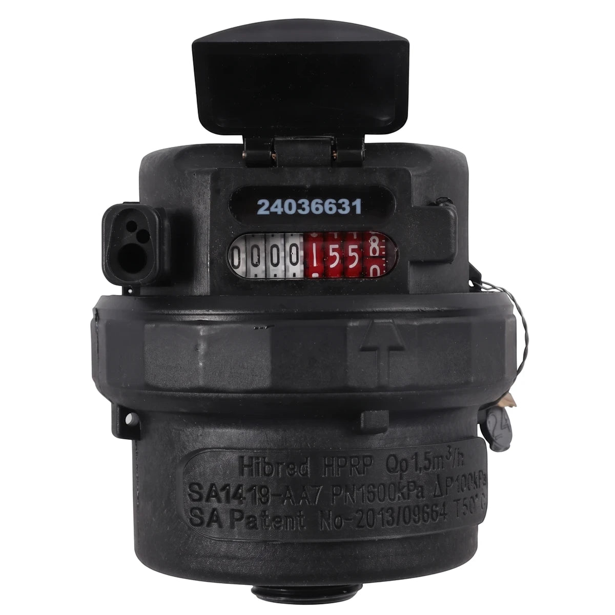 Black 15mm PVC water meter with a digital display and counter for measuring water usage in residential or commercial