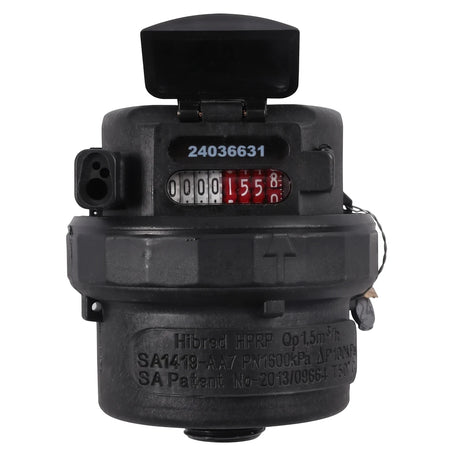 Black 15mm PVC water meter with a digital display and counter for measuring water usage in residential or commercial