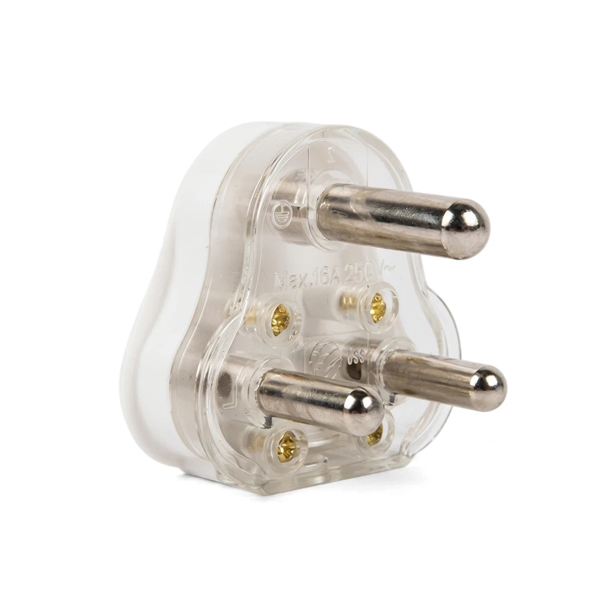 16 Amp Hollow Brass Pin Plug Top made of white and clear plastic with three silver metal pins, angled view.