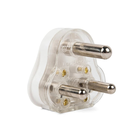 16 Amp Hollow Brass Pin Plug Top made of white and clear plastic with three silver metal pins, angled view.
