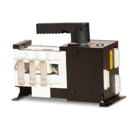 160A 3P Automatic Base Mount Change Over Switch, black and off-white, with a handle and multiple connection points.