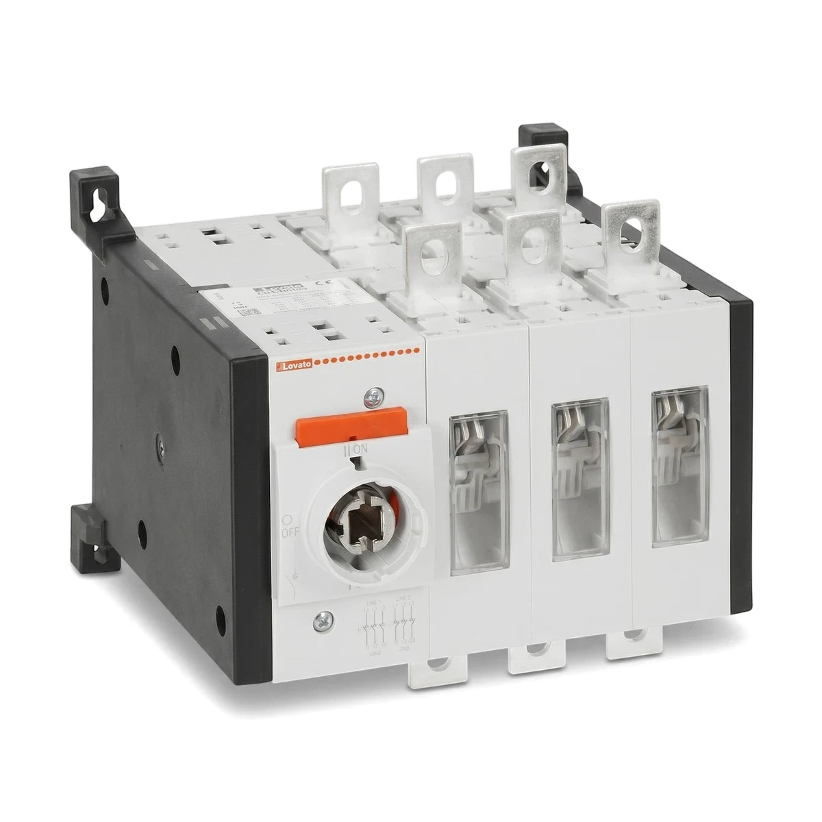 A white and black 160A 3P base mount changeover switch with silver terminals and an orange handle, shown at an angle.