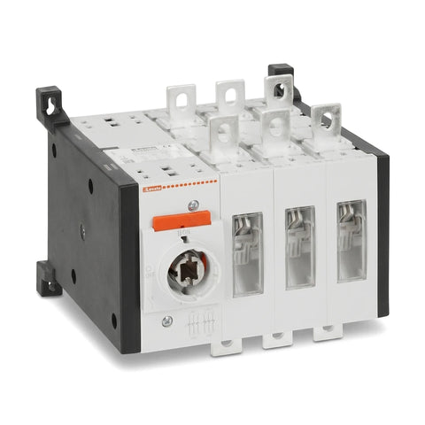 A white and black 160A 3P base mount changeover switch with silver terminals and an orange handle, shown at an angle.
