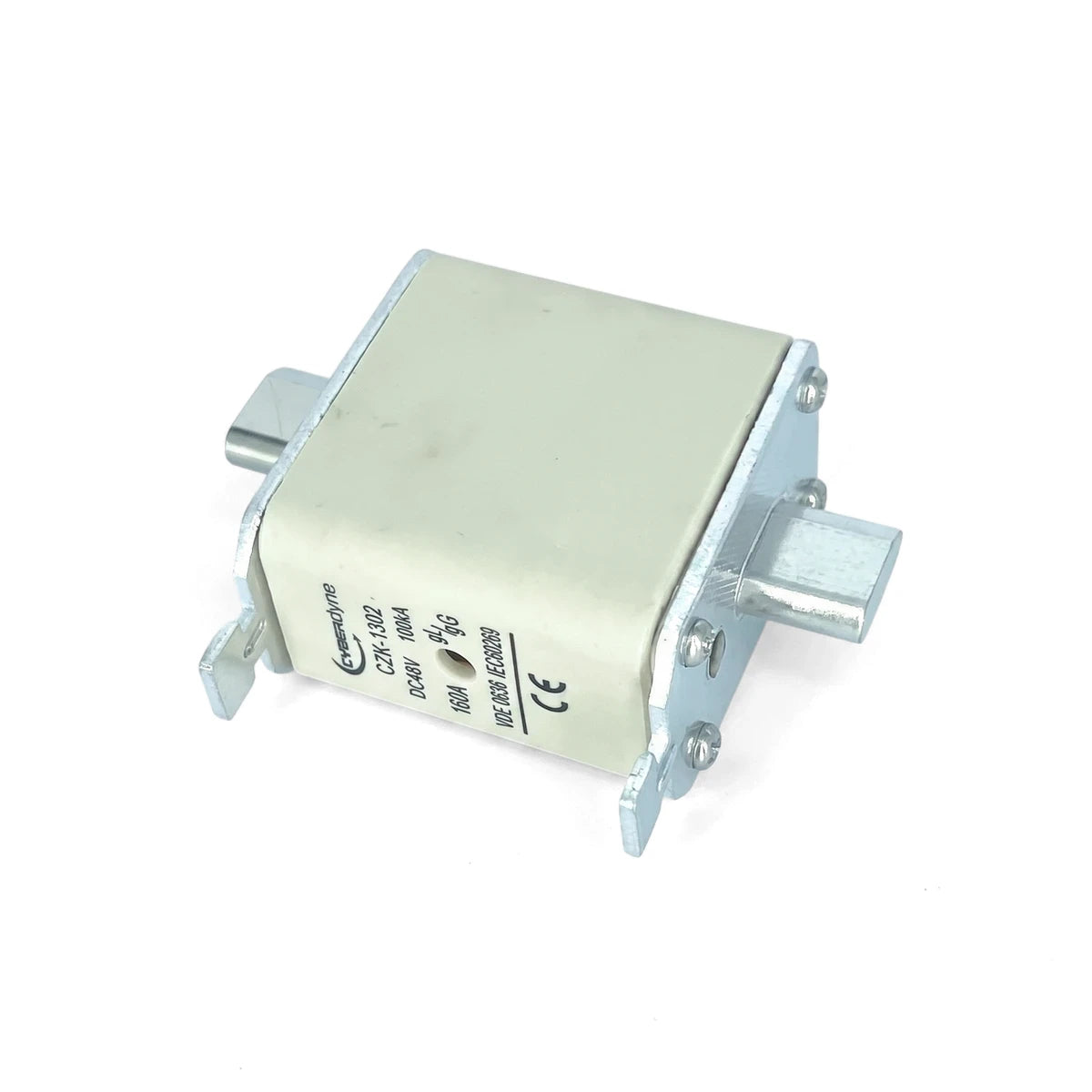 160A General Protection Fuse with double indicators, featuring a rectangular white ceramic body and silver metal terminals,