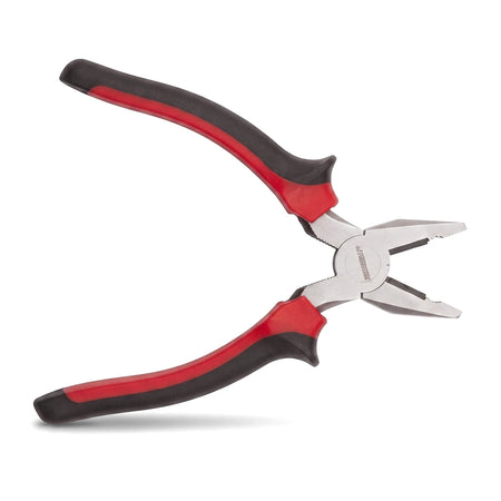 A pair of 160mm combination pliers featuring metallic silver jaws and ergonomic red and black insulated handles, oriented