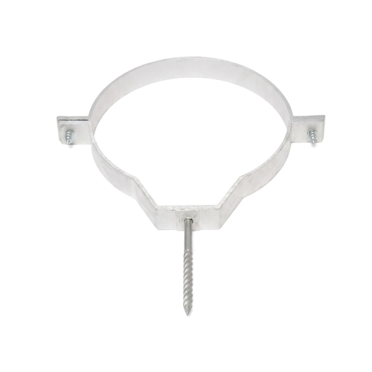 160mm silver metal pipe clip with integrated mounting screws, shown from a straight-on perspective on a white background.