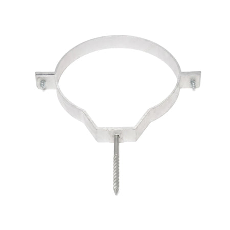 160mm silver metal pipe clip with integrated mounting screws, shown from a straight-on perspective on a white background.