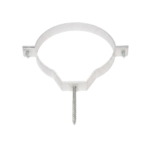 160mm silver metal pipe clip with integrated mounting screws, shown from a straight-on perspective on a white background.
