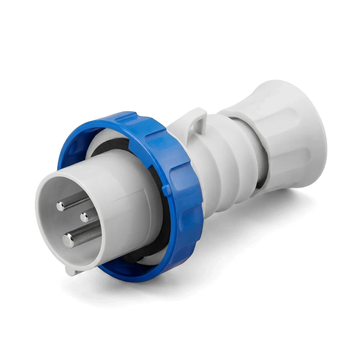 16A 2P+E 230V Ip67 Plug Top, a white and blue industrial electrical power connector, angled view.