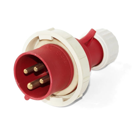 Red and white 16A 3P+E 380V IP67 industrial plug top with three brass pins, viewed from the front.