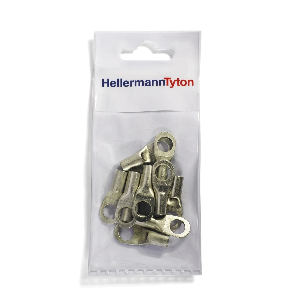 Metallic 16mm cable lugs with ring terminals packaged in a transparent plastic bag with HellermannTyton branding.