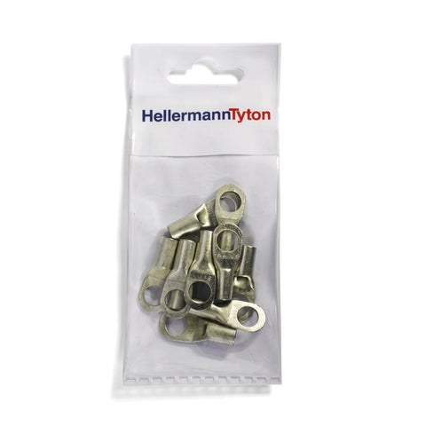 Metallic 16mm cable lugs with ring terminals packaged in a transparent plastic bag with HellermannTyton branding.