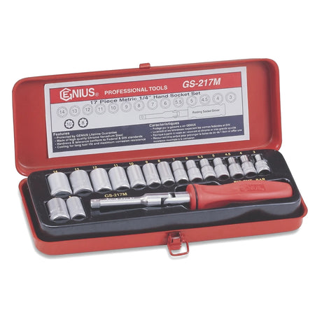 17-piece 1/4-inch drive metric socket set in an open red metal case with chrome vanadium steel tools.