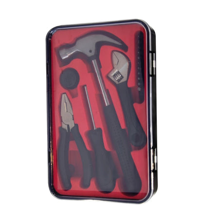 17-piece hand tool set in a compact black case with a clear top, featuring a hammer, wrench, pliers, and screwdriver.