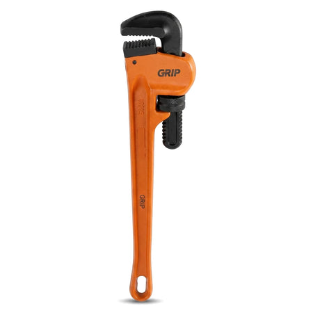 An 18-inch (450mm) heavy-duty pipe wrench, featuring an orange body and black adjustable jaw, stands upright.