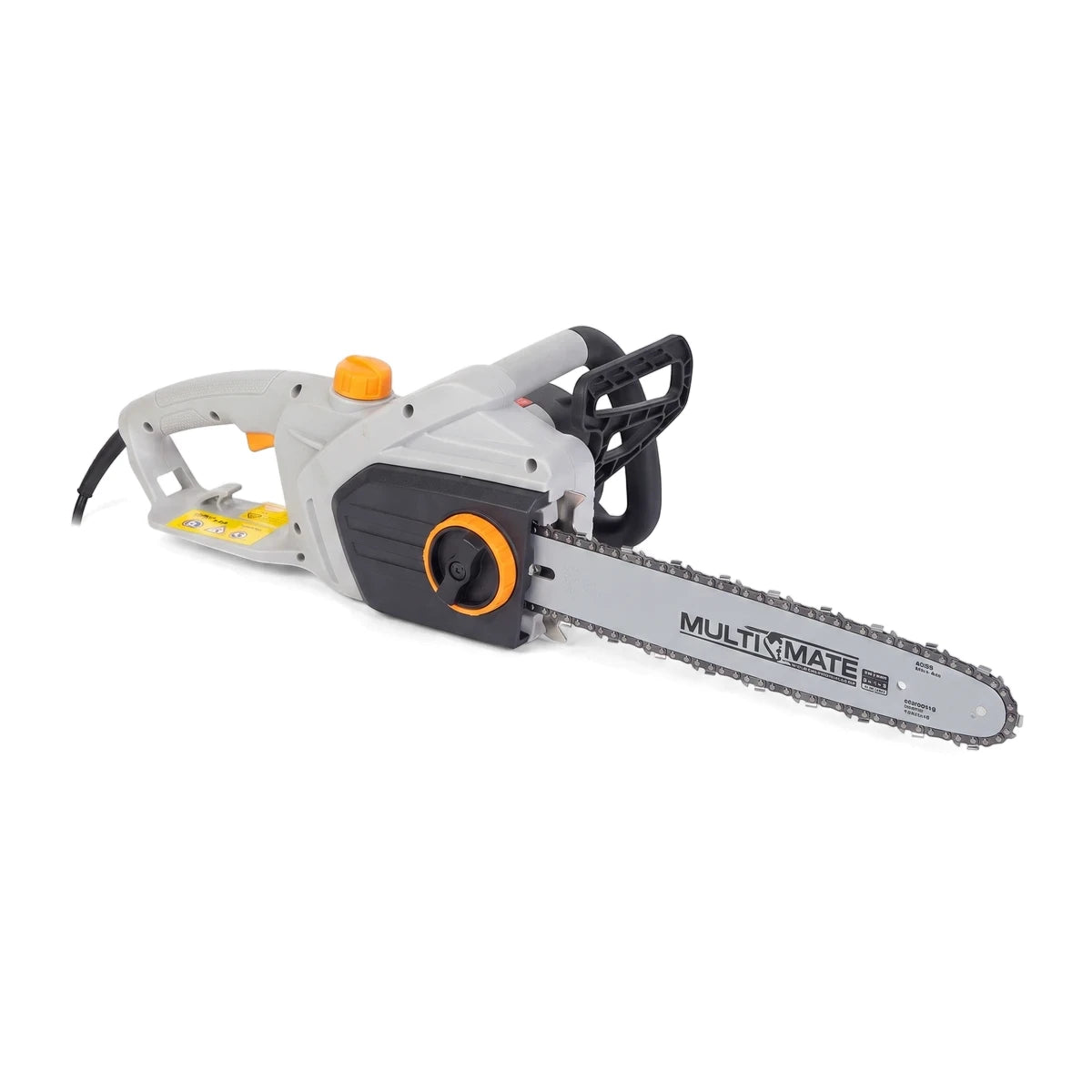 1800W Electric Chainsaw with a 350mm bar, featuring a gray body with orange and black accents, viewed from a slight angle.