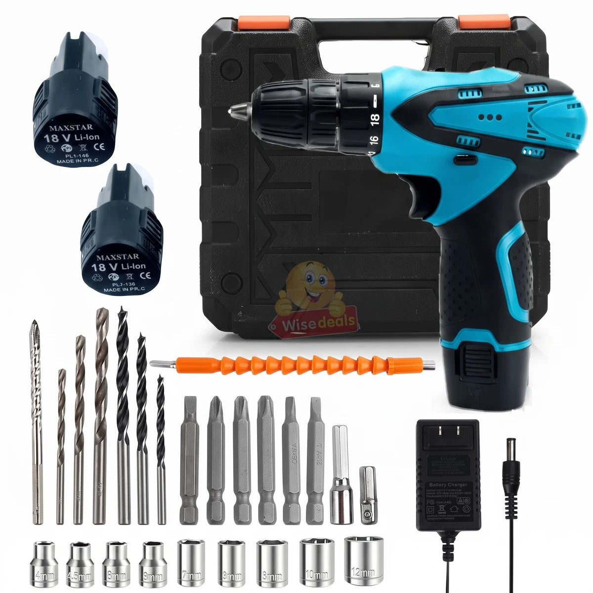 18V Cordless 10mm Drill Kit in blue and black, with two batteries, charger, and a 26-piece set of bits and sockets.