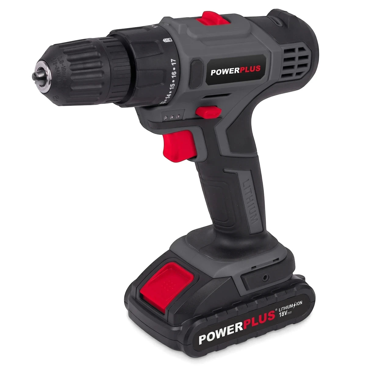 18V Lithium-Ion Cordless Drill/Screwdriver in gray and black with red accents, battery included, shown from an elevated