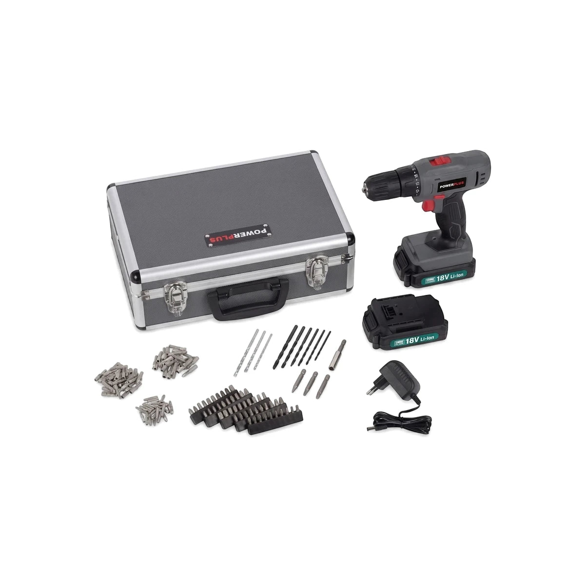 18V Li-Ion Cordless Drill/Screwdriver kit with two batteries, charger, storage case, and 153 accessories.