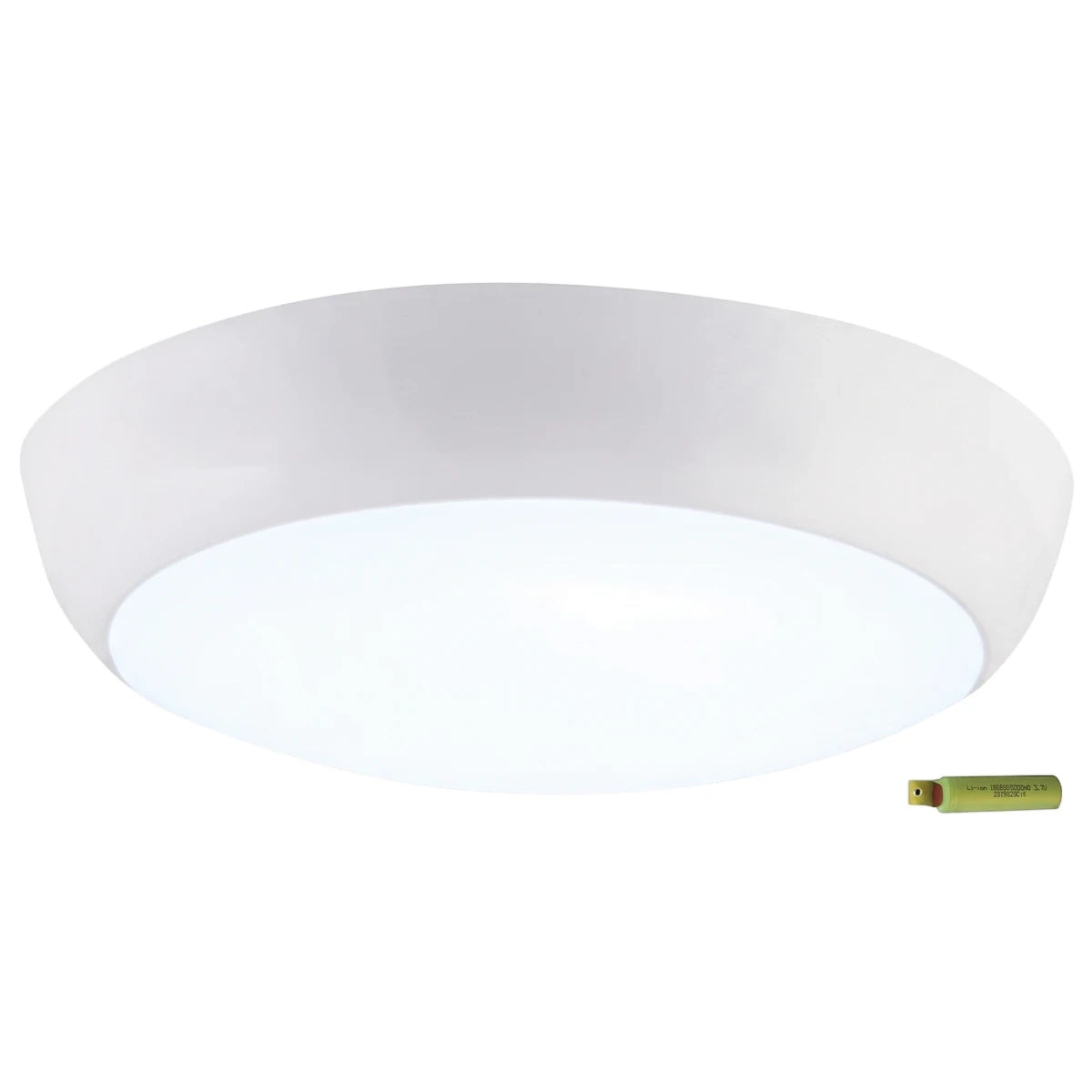 White circular 18W Emergency Ceiling Light with a compact design, shown with a small battery for scale.
