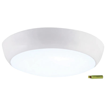 White circular 18W Emergency Ceiling Light with a compact design, shown with a small battery for scale.