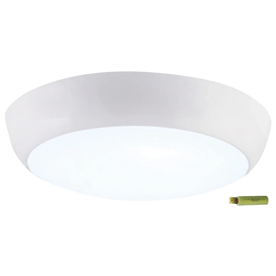 White circular 18W Emergency Ceiling Light with a compact design, shown with a small battery for scale.