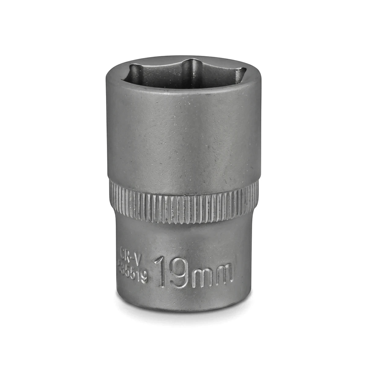 A silver 19mm 1/2-inch drive 6-point hex socket, made from CR-V steel, presented vertically on a white background.