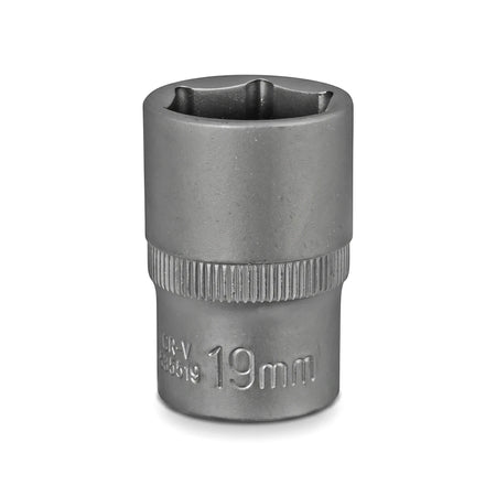 A silver 19mm 1/2-inch drive 6-point hex socket, made from CR-V steel, presented vertically on a white background.