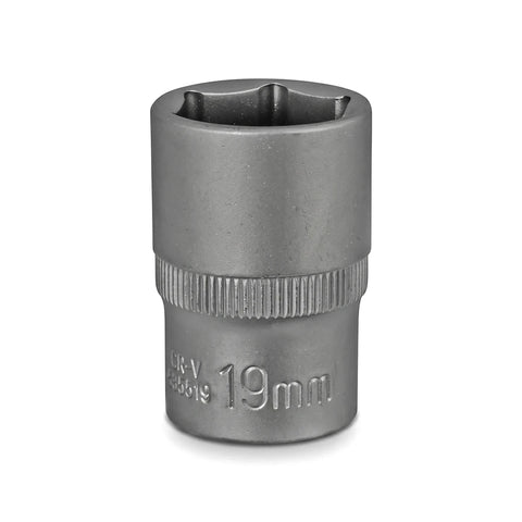A silver 19mm 1/2-inch drive 6-point hex socket, made from CR-V steel, presented vertically on a white background.
