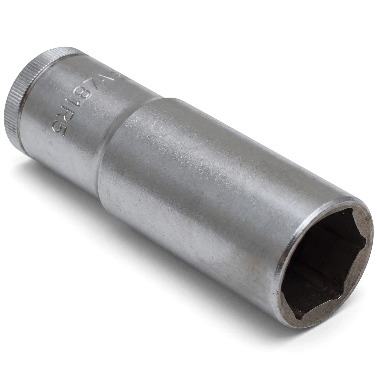 19mm 1/2-inch drive deep socket in silver-tone metal, shown from an angled perspective.