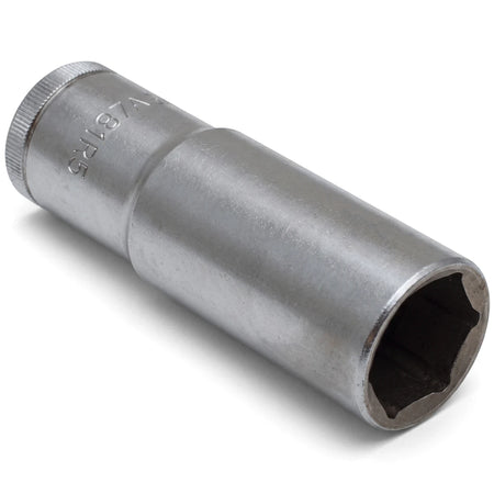 19mm 1/2-inch drive deep socket in silver-tone metal, shown from an angled perspective.